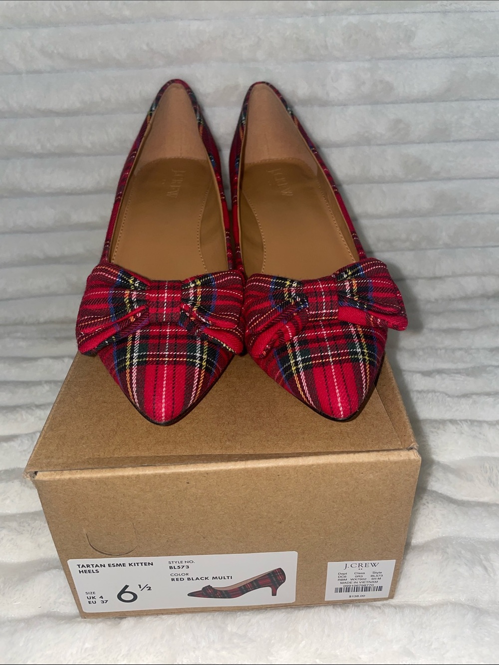 NIB J. Crew Red Tartan Pointed Bow Flats